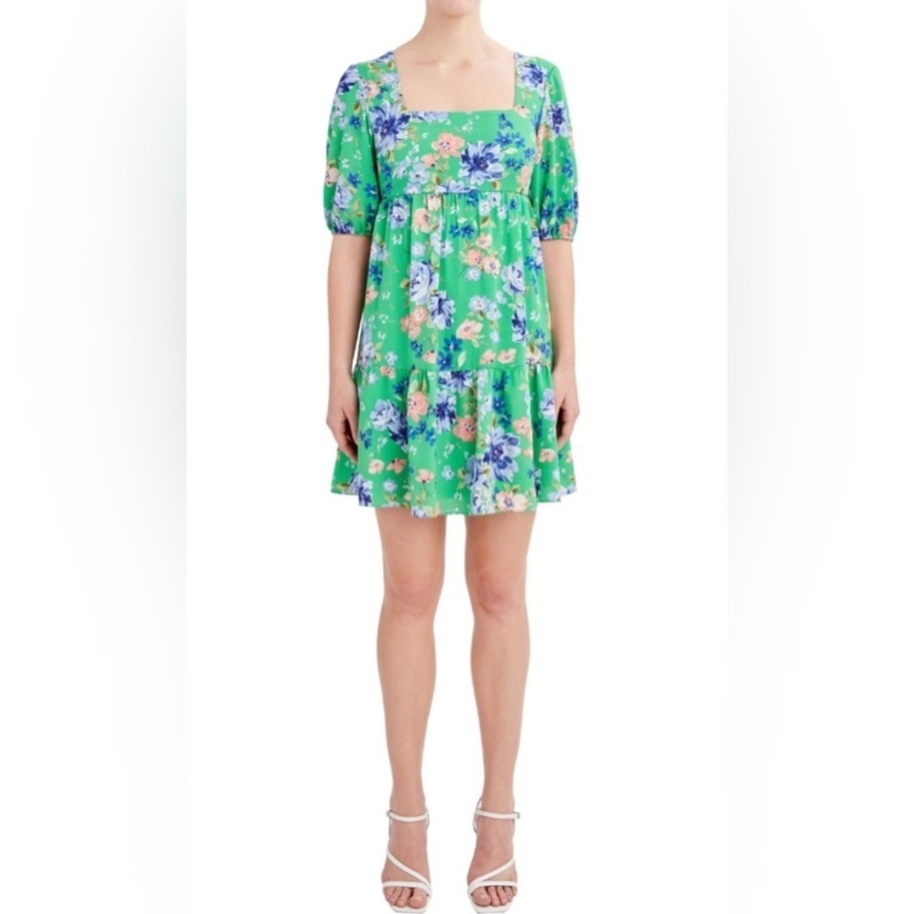 BCBG Floral Puff Sleeve Paris Chiffon Mini Dress Green  XL